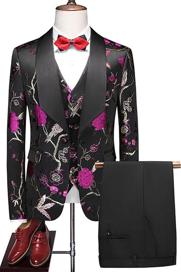 Purple Shawl Lapel Jacquard 3 Piece Men's Prom Suits